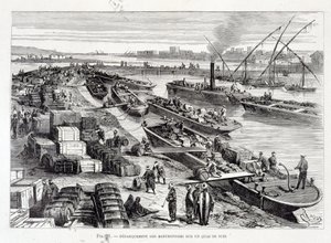 Lossen van goederen op een dok in het Suezkanaal door Unknown artist
