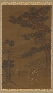 Landschap: ambachtslieden onder een grote pijnboom door Unknown artist