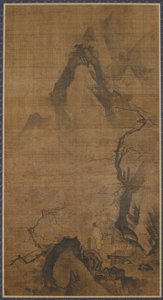 Landschap: berg en water; een figuur onder een pruimenboom door Unknown artist