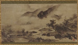 Landschap: bergen, mist en stroom