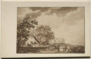 Landschap met huisje en brug