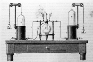 Lavoisier en Laplace-apparaat voor de vorming van water door middel van zuurstof- en waterstofgassen die branden in een glazen fles (19e-eeuwse gravure)