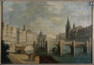 Le Grand Bras du Pont-Neuf et la pompe de la Samaritaine, circa 1800, huidig 1e arrondissement, tussen 1795 en 1805 door Unknown artist