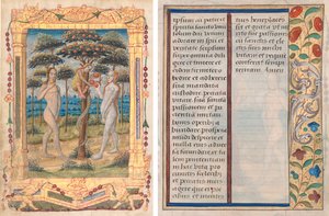 Blad uit een Getijdenboek: Adam en Eva en de Val van de Mens (Inleidende Miniatuur bij het Officie van de Maagd) (recto) en Tekst met Geïllustreerde Rand (verso) (1 van 3 Verwijderde Bladen)