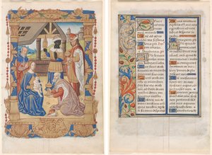 Blad uit een Getijdenboek: Aanbidding der Wijzen (recto) en tekst met geïllustreerde rand (verso) (3 van 3 uitgesneden bladen)