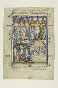 Blad uit een voorstellingencyclus: Christus draagt het kruis, De kruisiging, De kruisafneming en de graflegging door Unknown artist