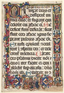 Blad uit een Psalter met Volledige Rand met Medaillons (Aankondiging, SS. Hiëronymus, Clara, Sebastiaan en Bernardinus) en Geïllustreerde Initiaal (E): Maagd en Kind door Unknown artist