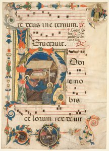 Blad uit een Antifonarium met Geïllustreerde Initiaal (H) met De Geboorte (recto) door Unknown artist
