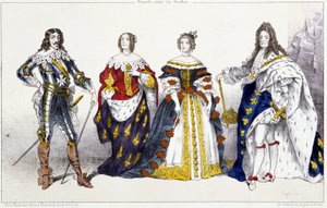 De Bourbons: Lodewijk XIII (1601-1643) en Anna van Oostenrijk (1601-1666), Maria Theresia van Oostenrijk (of Spanje) (1638-1683) en Lodewijk XIV (1638-1715) - Plaat uit Koningen en Koninginnen van Frankrijk in prenten, Parijs, ed. Swift door Unknown artist