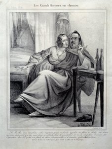 Les grands hommes en chemise Representatie van de schrijver Honore de Balzac (1799-1850) die een jonge vrouw omhelst terwijl hij een sigaret rookt. Illustratie van E. Allet (19e eeuw) Parijs, Maison Balzac