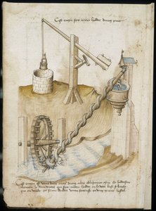 Hefboomsystemen voor putten en watervoorziening door schroefwiel - Manuscript: perkamentblad van een ingenieurshandboek voor de bouw van civiele, religieuze en militaire gebouwen, anoniem, laat 15e eeuw (figuur in Chinese inkt) door Unknown artist