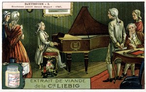 Liebig chromolithografie. Ludwig van Beethoven (1770-1827) speelt voor Wolfgang Amadeus Mozart (1756-1791). Hier in 1787
