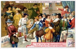 Liebig chromolithografie over het leven van Rembrandt (1606 - 1669), Nederlandse schilder. Hier de nachtwacht in 1642. door Unknown artist