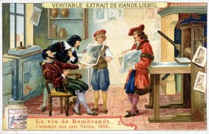 Liebig chromolithografie over het leven van Rembrandt (1606 - 1669) Nederlandse schilder. Dit is de 100 guldenprent in 1654. door Unknown artist