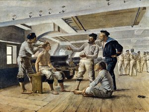 Leven aan boord van een Frans oorlogsschip: de scheepskapper scheert de matrozen, ca. 1800 door Unknown artist