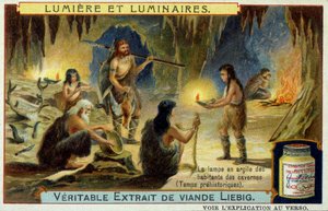 Licht en lichtarmaturen: de kleilamp van grotbewoners tijdens de prehistorie. Illustratie op Liebig-verpakkingen.
