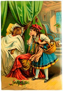 Roodkapje ontdekt de wolf in het bed van haar grootmoeder (Chromolithografie eind 19e eeuw)