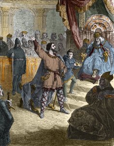 Lodewijk IV van Overzee (921 - 954), koning van Frankrijk op de Raad (Synode) van Ingelheim in Duitsland in 948 voor Otto I van het Heilige Rijk (912-973). Gravure in 