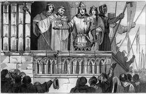 Lodewijk VII (1120-80) de Jonge verzamelt steun voor de Tweede Kruistocht in 1144 - Lodewijk VII onderneemt de 2e Kruistocht na het advies van Sint Bernardus van Clairvaux - Gravure 1825 in Histoire de France door Unknown artist