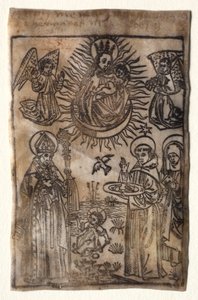 Madonna en kind met drie leden van de Sint-Augustinusorde: Heiligen Augustinus, Nicolaas en Clara door Unknown artist