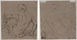 Man zittend op de grond, van achteren gezien (recto); Schets (verso) door Unknown artist