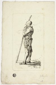 Man in harnas met staf door Unknown artist