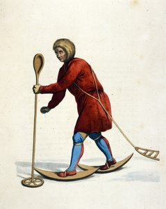 Man van de Ostiak-stam (Khanty of Khante) (Siberië) op ski