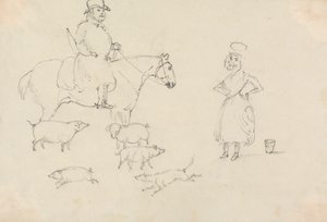 Man op paard, met varkens