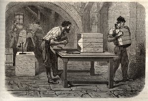 Zeepfabricage - De industrie van zeep - Het snijden van een zeepbrood uit Marseille in repen, met behulp van een draad - gravure in 