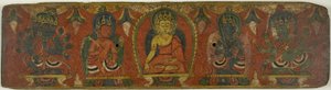 Manuscriptomslag met Boeddha, twee bodhisattva