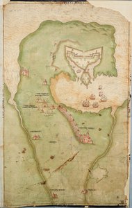 Kaart van Smerwick, Ierland, met de Engelse aarden wal met twee kanonnen voor de aanval op het Spaanse fort en Engelse soldaten die uit Castell More marcheren door Unknown artist