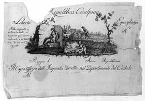 Kaart van de Cisalpijnse Republiek, gecreëerd door Napoleon Bonaparte op 27/06/1797 naar Frans model in Italië, die in 1802 de Italiaanse Republiek werd. De waarden van de Franse Republiek zijn erin verankerd (Vrijheid, Gelijkheid). Gravure Museo del ri