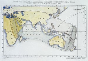 Kaart, gepubliceerd door het Bureau van Lengtegraden, die de mars van de schaduw en duisternis van de Maan op het aardoppervlak tijdens de zonsverduistering van 1868 toont door Unknown artist