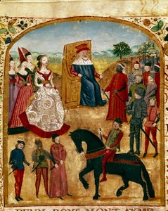 Margaretha van York (of Margaret Plantagenet of van Bourgondië of van Engeland) (1446-1503) ontmoet haar echtgenoot Karel van Valois Bourgondië bekend als Karel de Stoute, hertog van Bourgondië te Damme 03/07/1468 Miniatuur uit 