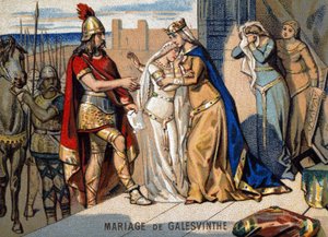 Huwelijk van Galeswinthe (567): vertrek van Galeswinthe om te trouwen met Chilperic, hoofd van de Neustriërs Franken. Chromolithografie van de serie 