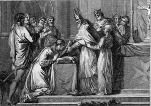Huwelijk van Sigebert I (535-575), koning van Austrasië en Brunehaut (of Brunehilde, 543-613), 566. Gravure uit de 18e eeuw door Unknown artist