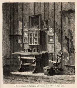 De kamer van Maarten Luther (1483-1546) in Wartburg waar hij na zijn excommunicatie in 1521 onderdak vond, met zijn portret en die van zijn ouders boven het bureau, onder wiens ogen hij de Bijbel in het Duits vertaalde en zijn beroemdste teksten schreef. D door Unknown artist