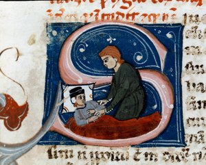 Geneeskunde: zieke geneest thuis. Detail. Manuscriptpagina (ms.d.xxv) "Verdrag van Galenus" (Trattato di Galeno) vertaald door Nicola da Reggio, filoloog en arts. 14e eeuw Cesena, Biblioteca Malatestiana door Unknown artist