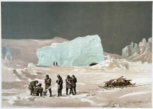 Mannen en slee op het ijs - in "The shores of the polar sea, an Arctic expedition narration", door Dr. Edward Moos, Marcus Nard & Co, Londen