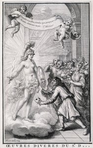 Mannen die zichzelf zonder hun maskers bekijken voor de spiegel van de allegorie van de waarheid. Gravure uit de 18e eeuw door Unknown artist