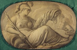 Minerve of de Overvloed die de Kunsten begunstigt (allegorie, decoratief schilderij voor het Hôtel La Rivière toen Canillac) door Unknown artist