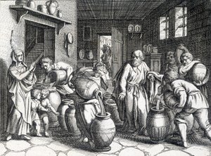 Wonder van Elisee, bijbelse profeet en discipel van Elia die, met zijn mantel, zijn geest en krachten aan hem overdraagt. Gravure uit 1724. door Unknown artist