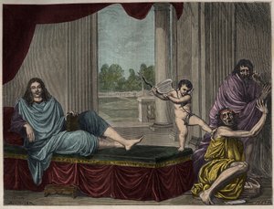 Molière Jean Baptiste Poquelin (1622-1673) roept de Geest van de komedie op om ondeugd neer te slaan en hypocrisie te ontmaskeren - Gravure naar een schilderij dat verdween in de 17e eeuw