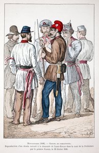 Bergbewoners (1848), een groep strijders, van wie er één de Frygische muts en de revolutionaire kokarde draagt. Kleurenets, reproductie van een tekening uitgevoerd op verzoek van Alexandre Ledru-Rollin (Ledru Rollin) (1807-1874) in de binnenplaats van de door Unknown artist