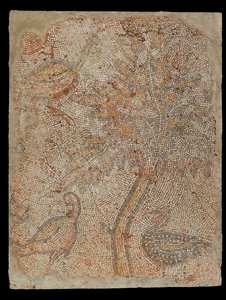 Mozaïekfragment met drie vogels en een boom door Unknown artist