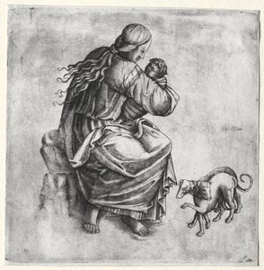 Moeder en Kind met Twee Honden door Unknown artist