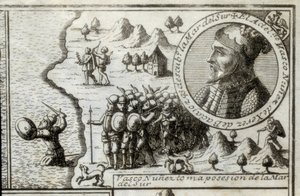 Vasco Nunez de Balboa neemt bezit van de Zuidzee. Gravure, 1728.