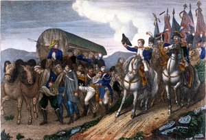 Napoleon groet gewonde soldaten. 19e eeuwse gravure.