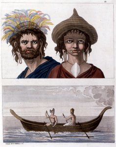 Inheems van Paaseiland (Rapa Nui) in Polynesië, leden van de Lange Oren clan. Beneden, een van hun boten. - in “Het Oude en Moderne Kostuum” door Jules Ferrario door Unknown artist