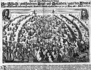 Zeeslag bij La Hougue (1692) die het leger van Lodewijk XIV tegenover Nederland stelde. Gravure. 18e eeuw. door Unknown artist